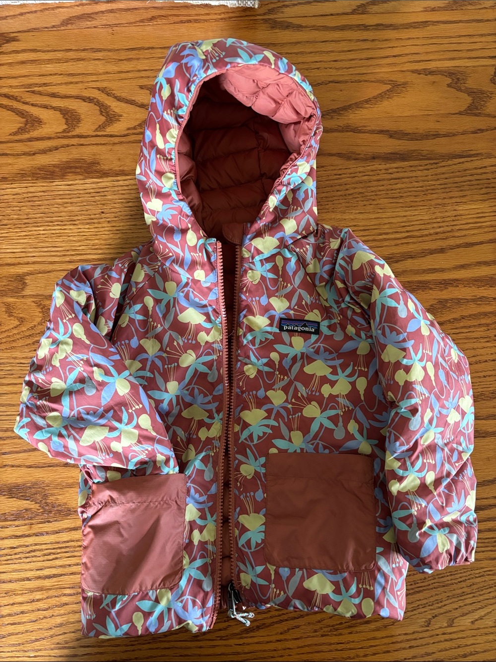 Patagonia Rust Floral Hooded Puffer with Mint & Yellow Accents 4T